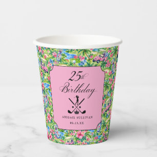 25th Birthday Golf Pink Green Preppy Print Paper Cups