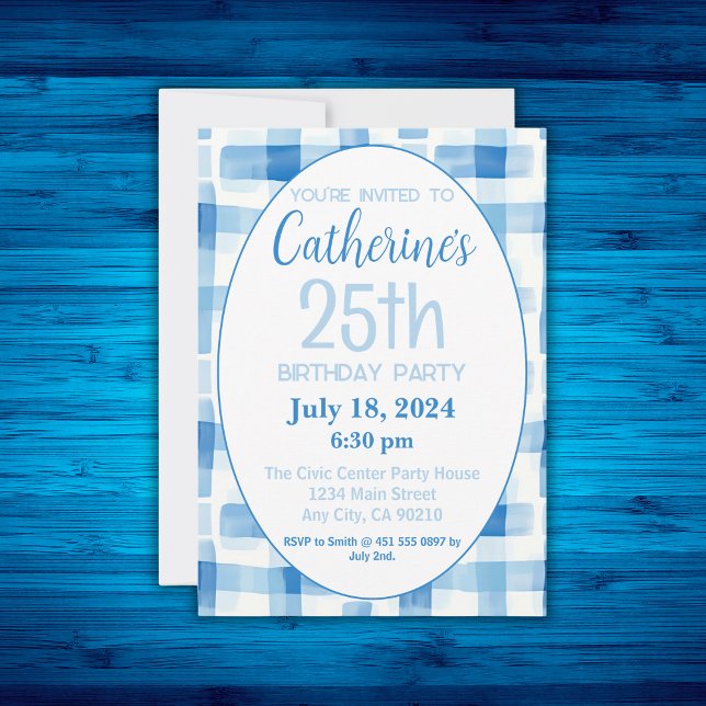 25th Birthday Invitation, Blue Gingham Pattern Invitation (Creator Uploaded)