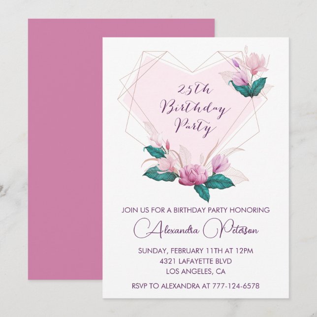 25th birthday invitations Elegant Boho pink (Front/Back)