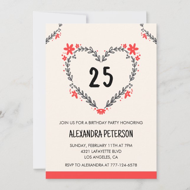 25th birthday invitations floral heart (Front)