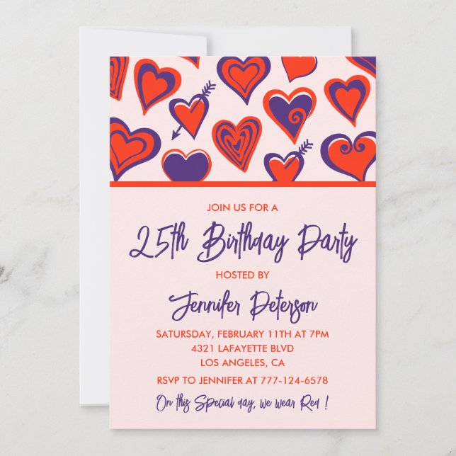 25th birthday invitations Glam Cute Red Heart  (Front)