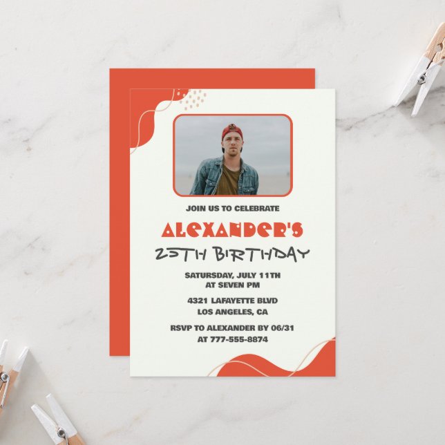25th birthday invitations Men Red Simple Photo (Front/Back In Situ)
