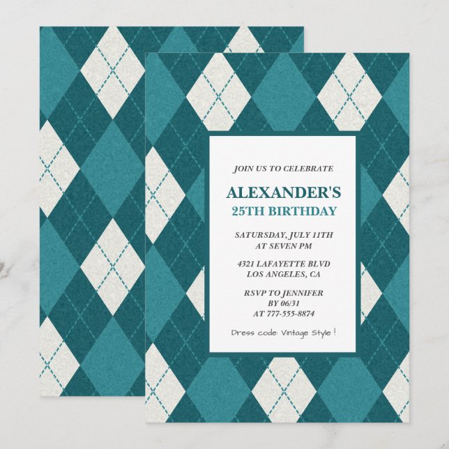 25TH birthday invitations Men Vintage Blue (Front/Back)