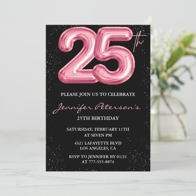 25th birthday invitations Pink Balloon Glam Black  (Standing Front)