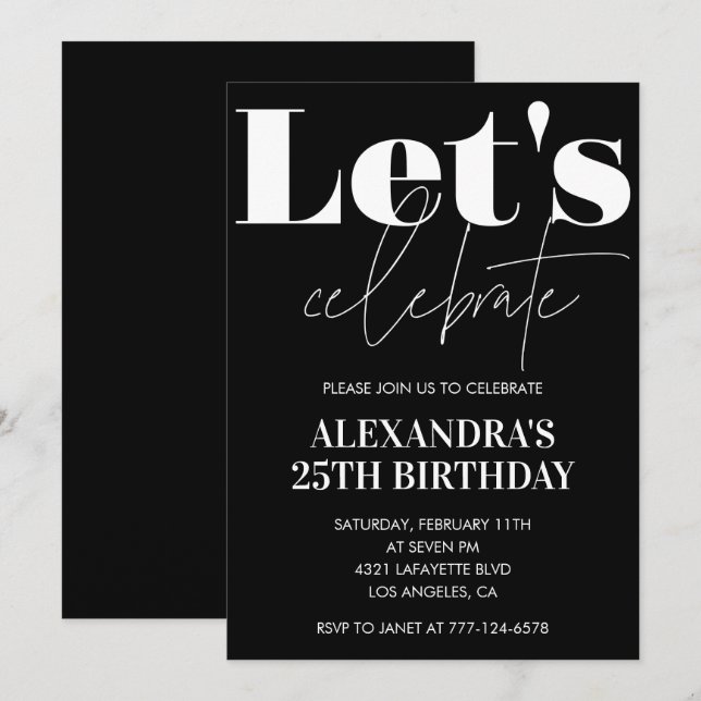 25TH birthday invitations Typography Black White (Front/Back)