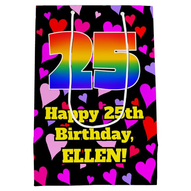 25th Birthday: Loving Hearts Pattern, Rainbow # 25 Medium Gift Bag (Back)
