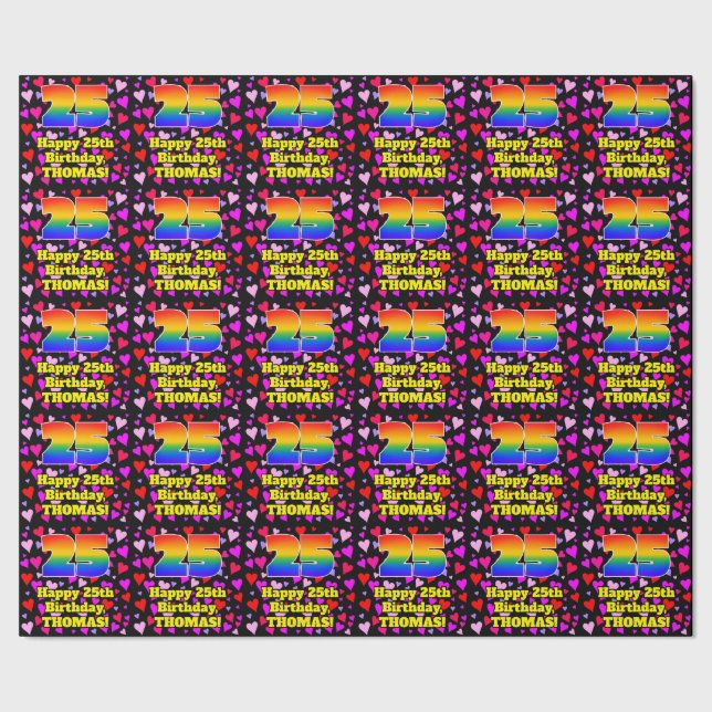 25th Birthday: Loving Hearts Pattern, Rainbow # 25 Wrapping Paper (Seam)