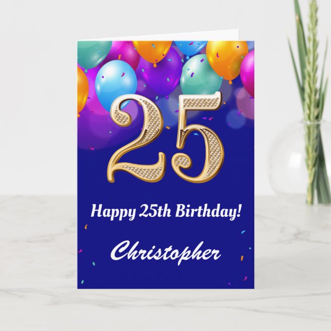 25th Birthday Navy Blue and Gold Colourful Balloon Card (Front)