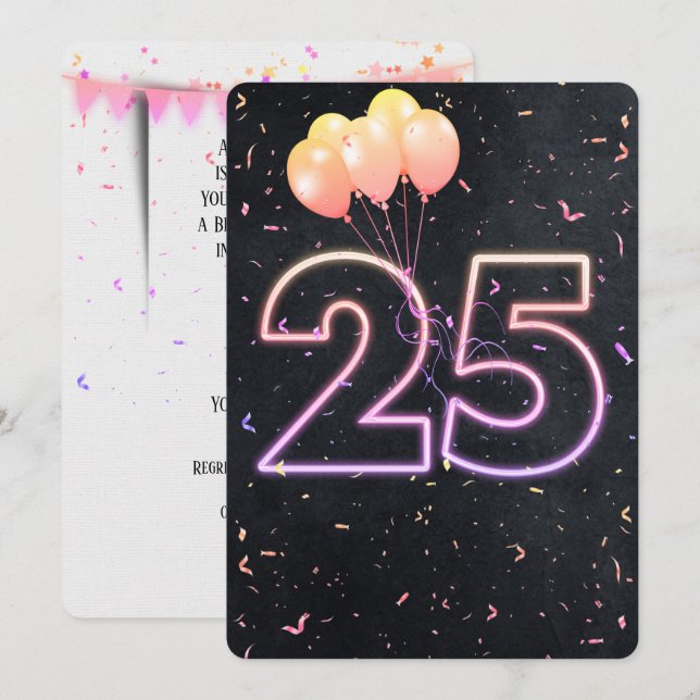 25th Birthday Neon Sign On Black Invitation (Front/Back)