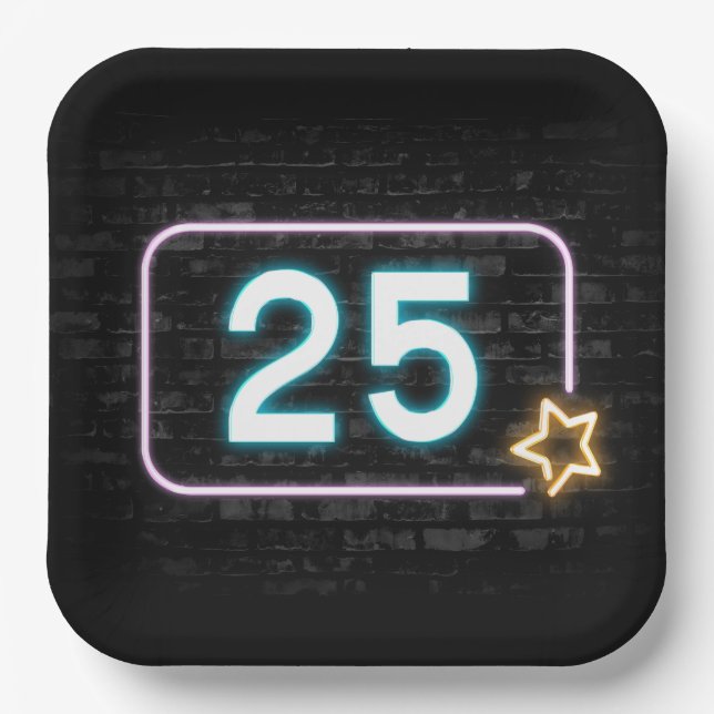 25th Birthday Neon Sign On Brick   Paper Plate (Front)
