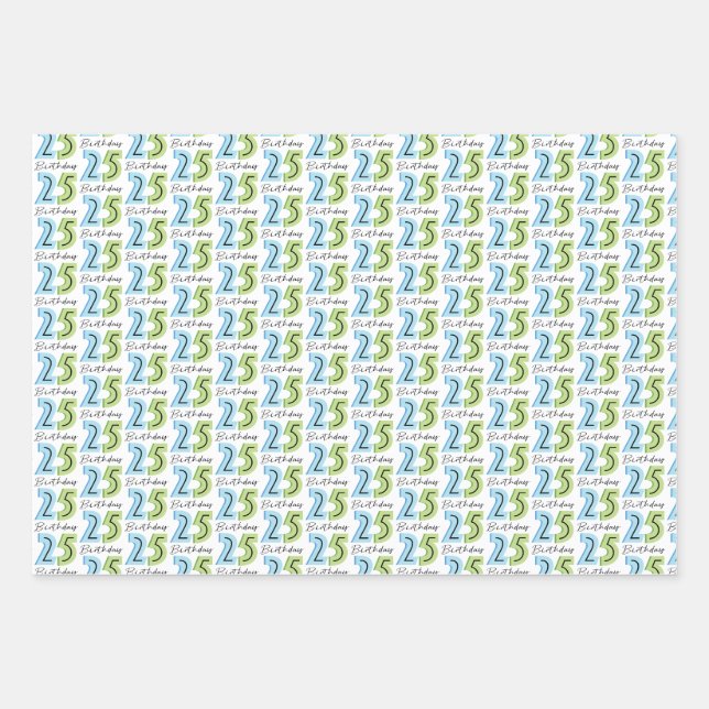 25th Birthday Numbers Green Blue Wrapping Paper Sheet (Front)