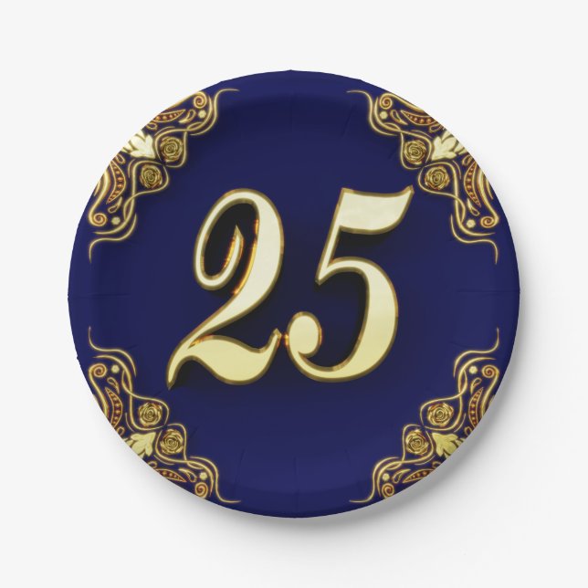 25th Birthday or Anniversary Regal Gold and Blue Paper Plate (Front)