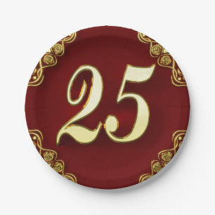 25th Birthday or Anniversary Regal Gold and Red Paper Plate
