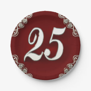 25th Birthday or Anniversary Regal Silver and Red Paper Plate
