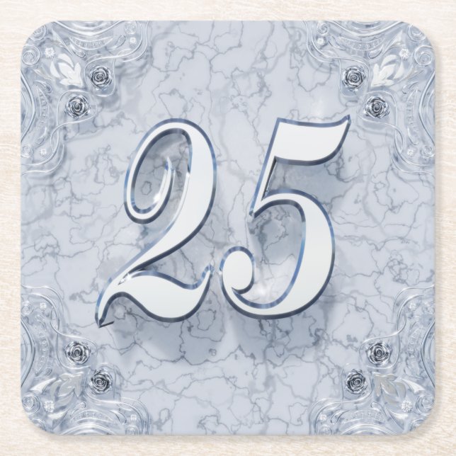 25th Birthday or Anniversary Regal Silver Marble Square Paper Coaster (Front)
