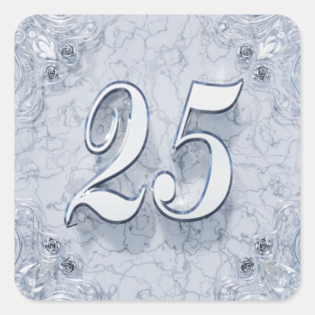 25th Birthday or Anniversary Regal Silver Marble Square Sticker (Front)