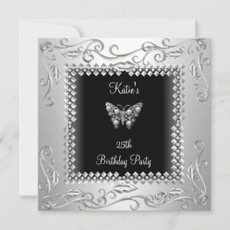 25th Birthday Party Black Butterfly Silver Black Invitation