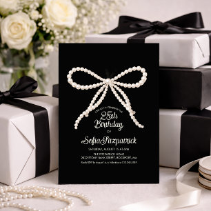 25th Birthday Party Black White Pearl Bow Invitation