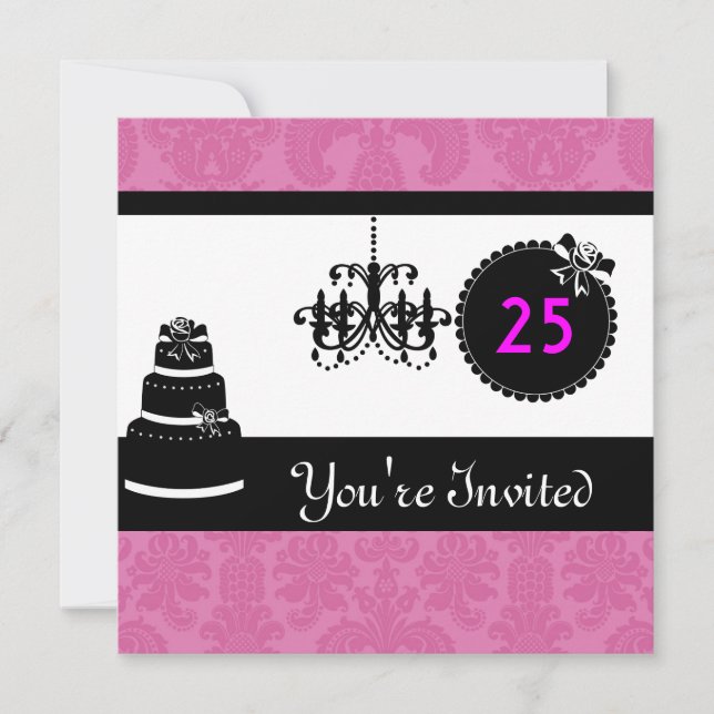 25th Birthday Party Black & White & PINK Damask In Invitation (Front)