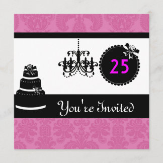 25th Birthday Party Black & White & PINK Damask In Invitation