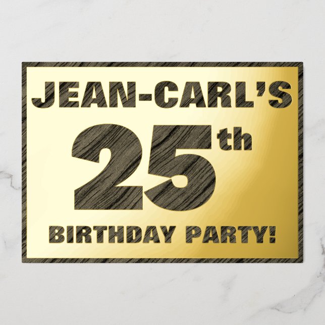 25th Birthday Party — Bold, Faux Wood Grain Text (Front)