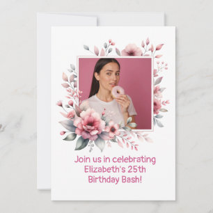 25th Birthday Party Custom Photo Floral Frame Invitation