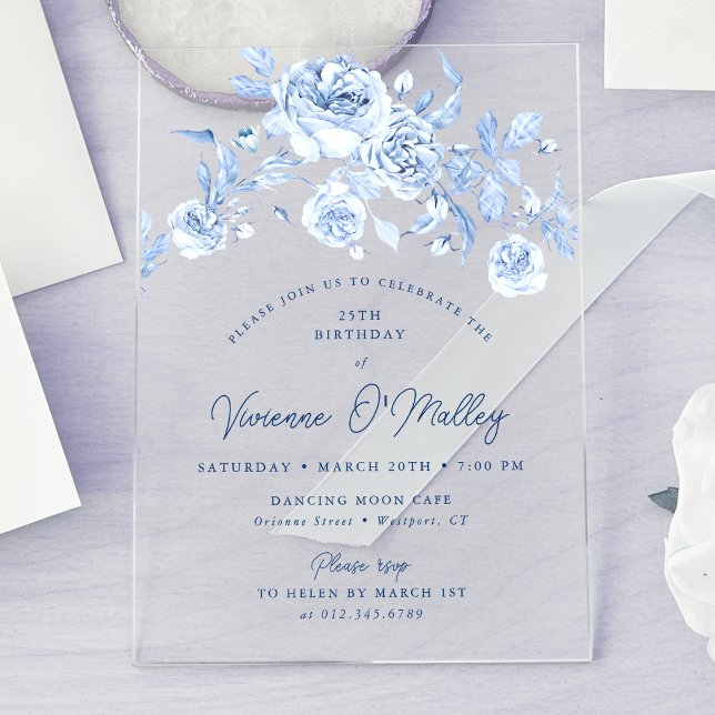 25th Birthday Party Dusty Blue Floral Acrylic Invitations (Creator Uploaded)