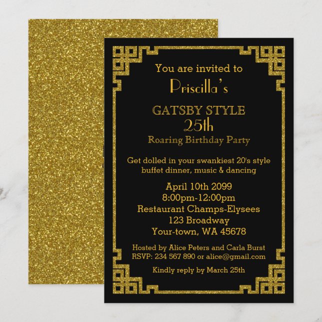 25th,Birthday party, Gatsby style, black & gold Invitation (Front/Back)
