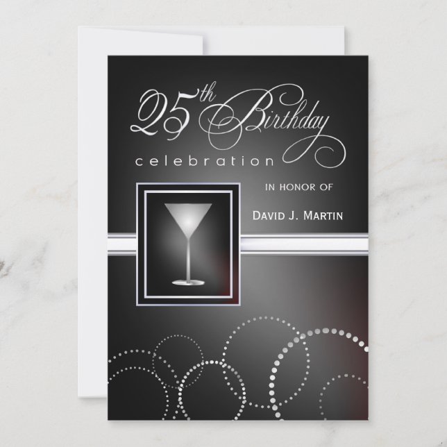 25th Birthday Party Invitations - Black and Silver (Front)