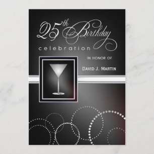 25th Birthday Party Invitations - Black and Silver