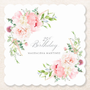 25th Birthday Party Pink Floral Custom Paper Coaster