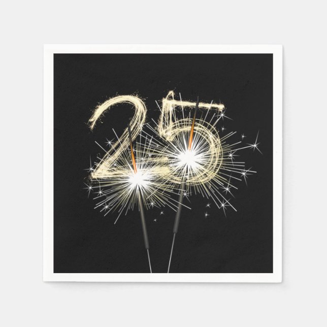 25th Birthday Party Sparklers on Black  Napkin (Front)