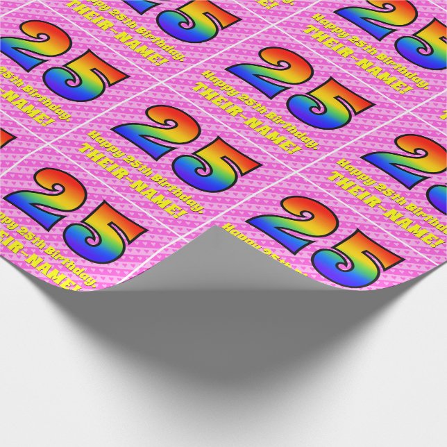 25th Birthday: Pink Stripes & Hearts, Rainbow # 25 Wrapping Paper (Corner)