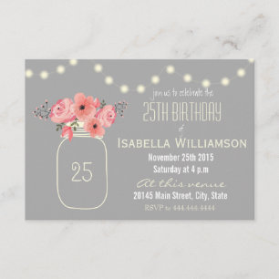 25th Birthday Pink Watercolor Flowers & Mason Jar Invitation