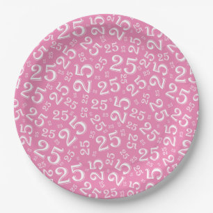 25th Birthday Pink/White Random Number Pattern Paper Plate