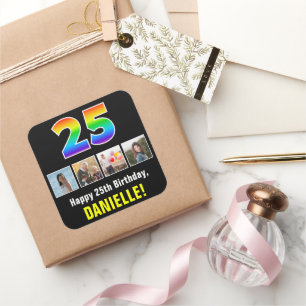 25th Birthday: Rainbow “25”; Custom Photos & Name Square Sticker