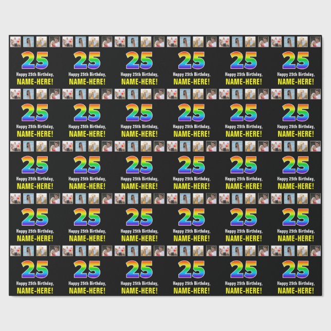25th Birthday: Rainbow “25“; Custom Photos & Name Wrapping Paper (Seam)