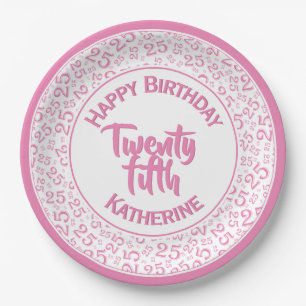 25th Birthday Random Number Pattern 25 Pink/White Paper Plate
