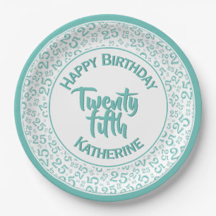 25th Birthday Random Number Pattern 25 Teal/White Paper Plate