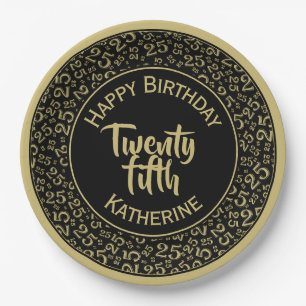 25th Birthday Random Number Pattern Black/Gold Paper Plate