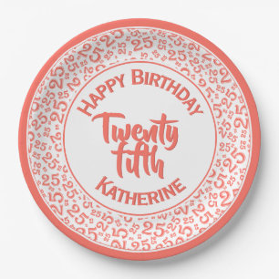 25th Birthday Random Number Pattern Coral/White Paper Plate