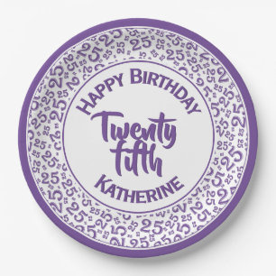25th Birthday Random Number Pattern Purple/White Paper Plate