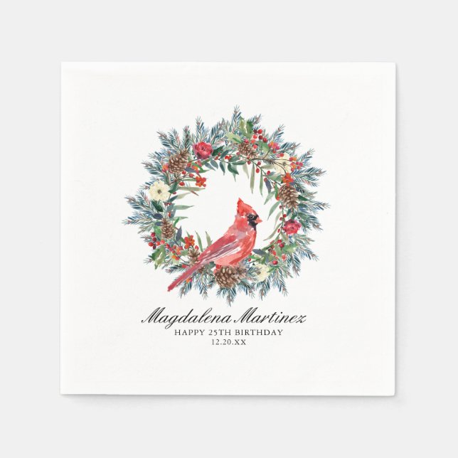 25th Birthday Red Cardinal Wreath Custom Cocktail Napkin (Front)