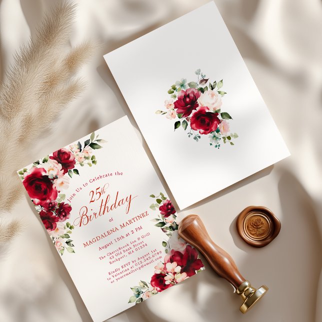 25th Birthday Red Rose Pink Peony Floral Invitation (Creator Uploaded)