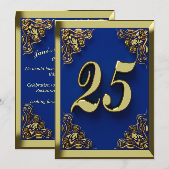 25th Birthday Regal Gold Blue Greeting or Invitation (Front/Back)