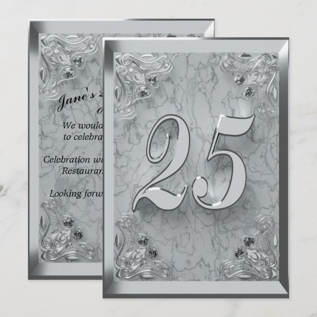 25th Birthday Regal Silver Marble Greeting or Invitation (Front/Back)
