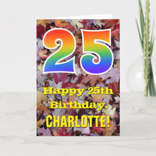 25th Birthday; Rustic Autumn Leaves; Rainbow "25" Card