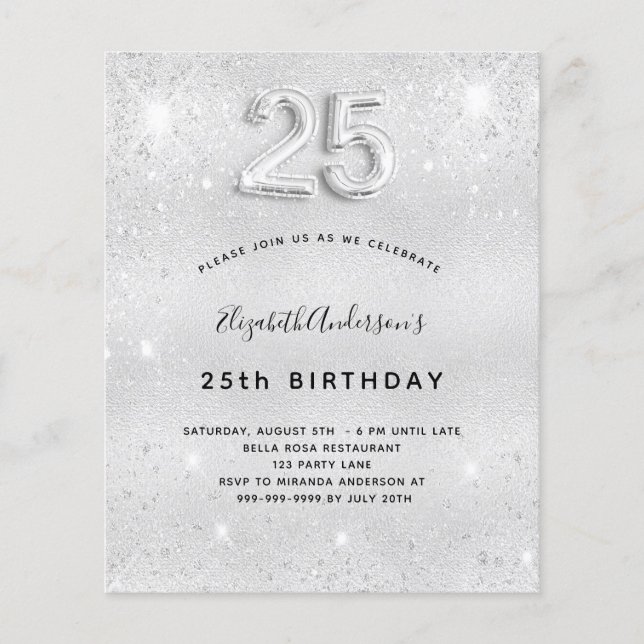 25th birthday silver glitter budget invitation flyer (Front)