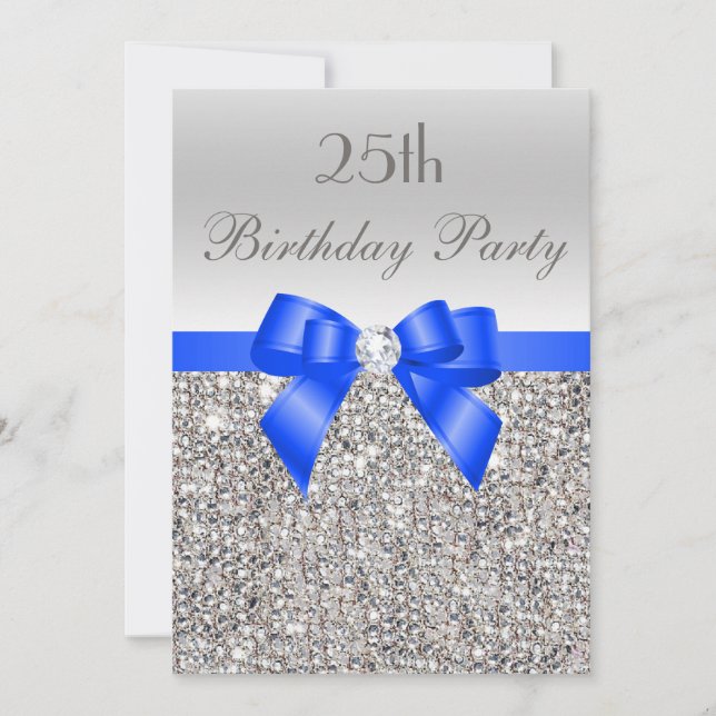 25th Birthday Silver Sequin Royal Blue Bow Diamond Invitation (Front)