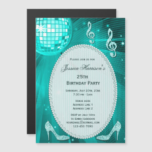 25th Birthday Sparkle Heels and Teal Disco Ball Magnetic Invitation
